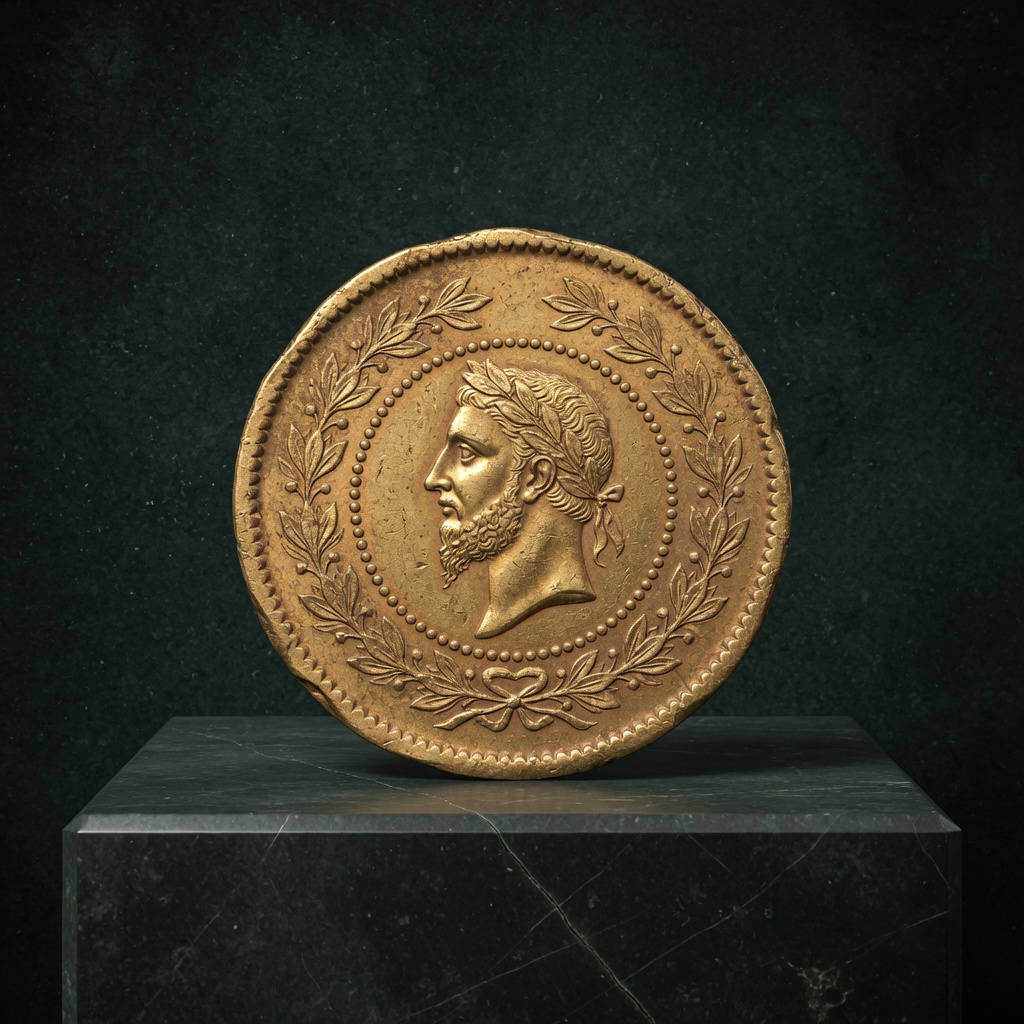 Gold coin on a stone plinth